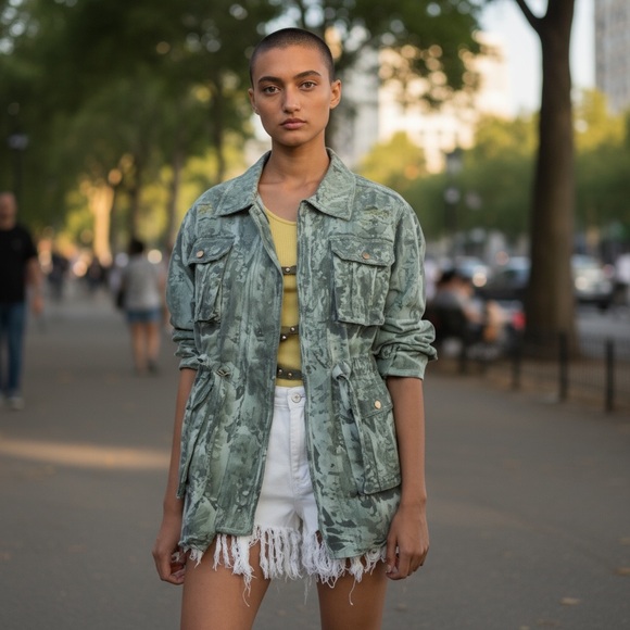 🆕 POL - Distressed Denim - Safari - Utility Jacket - Pale Sage - 100% COTTON - Picture 3 of 10